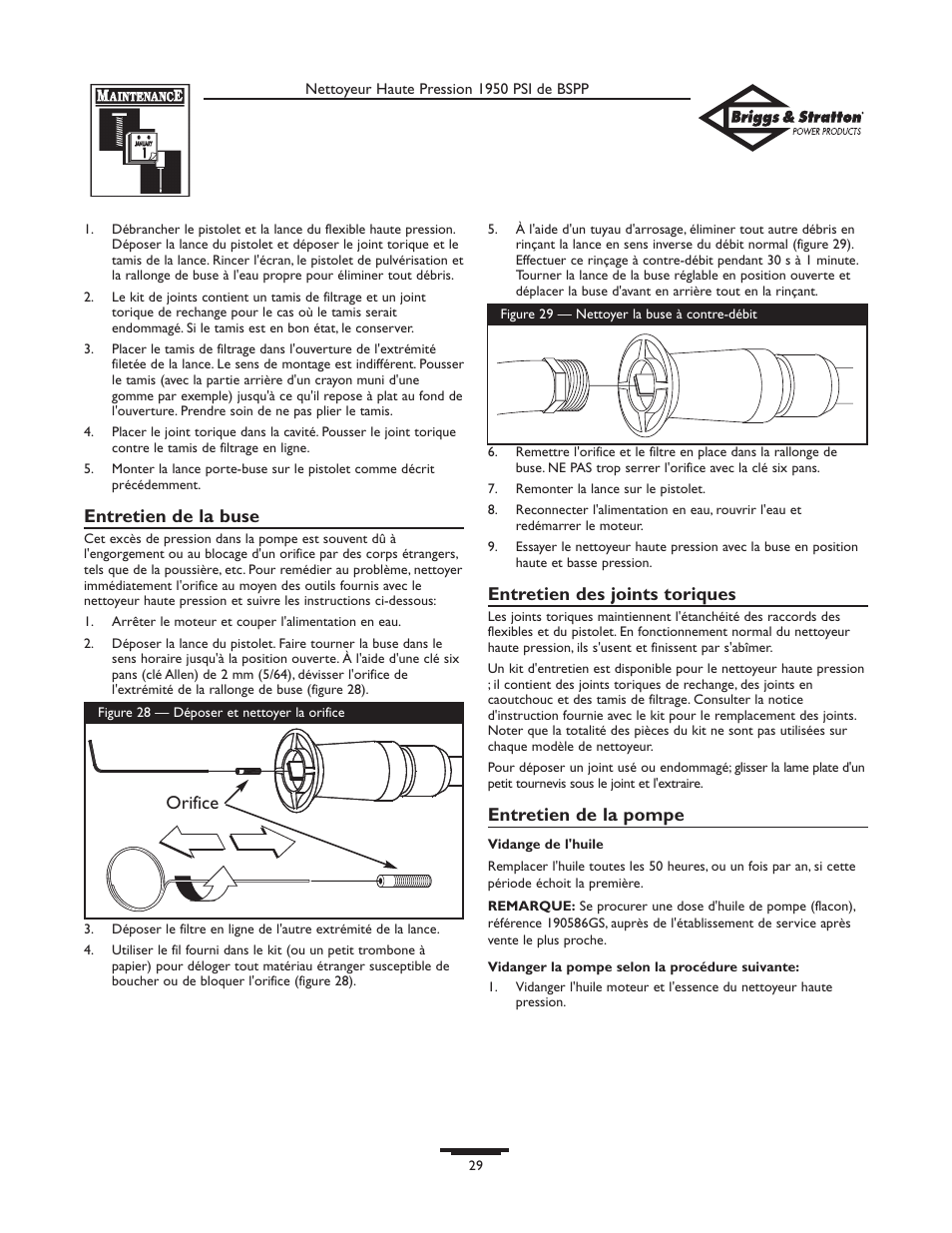 Entretien de la buse, Entretien des joints toriques, Entretien de la pompe | Orifice | Briggs & Stratton 20222 User Manual | Page 29 / 80