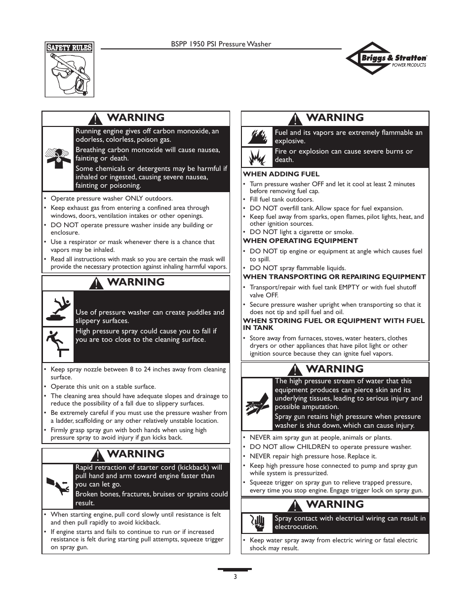 Warning | Briggs & Stratton 20222 User Manual | Page 3 / 80