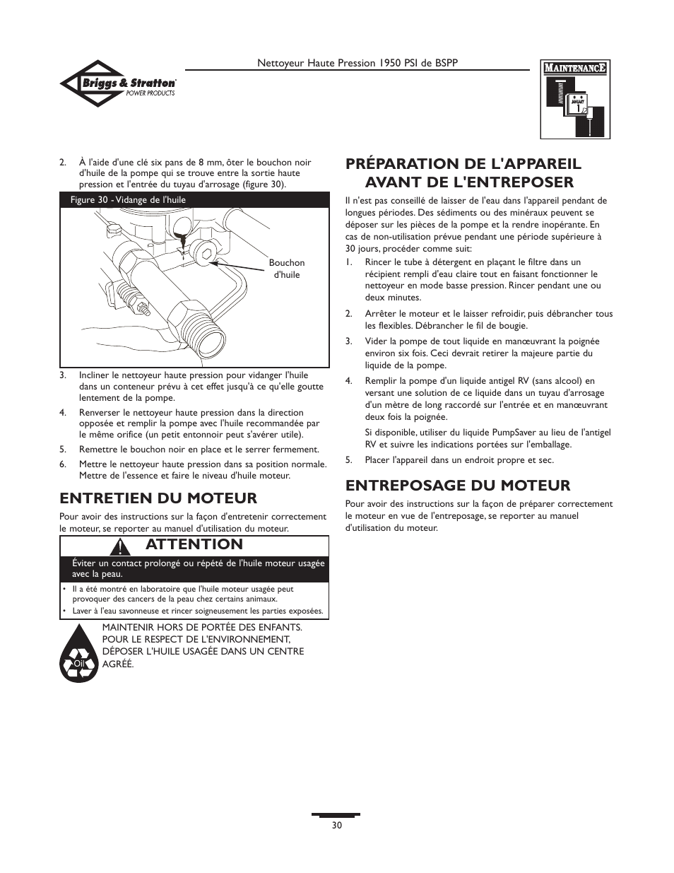 Entretien du moteur, Préparation de l'appareil avant de l'entreposer, Entreposage du moteur | Attention | Briggs & Stratton 20222 User Manual | Page 30 / 80