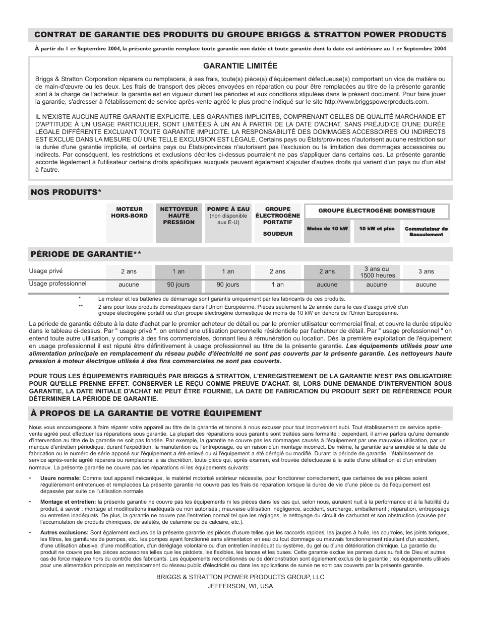 Nos produits, Période de garantie, À propos de la garantie de votre équipement | Briggs & Stratton 20222 User Manual | Page 33 / 80