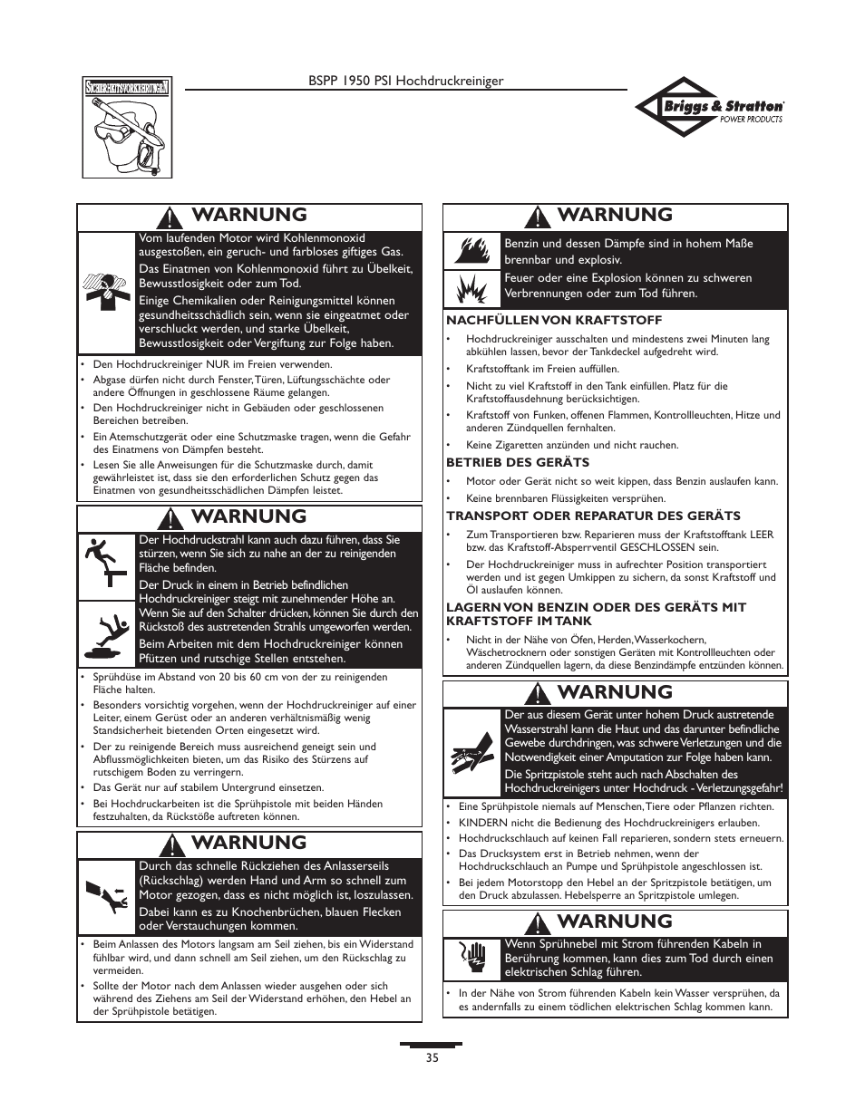 Warnung | Briggs & Stratton 20222 User Manual | Page 35 / 80