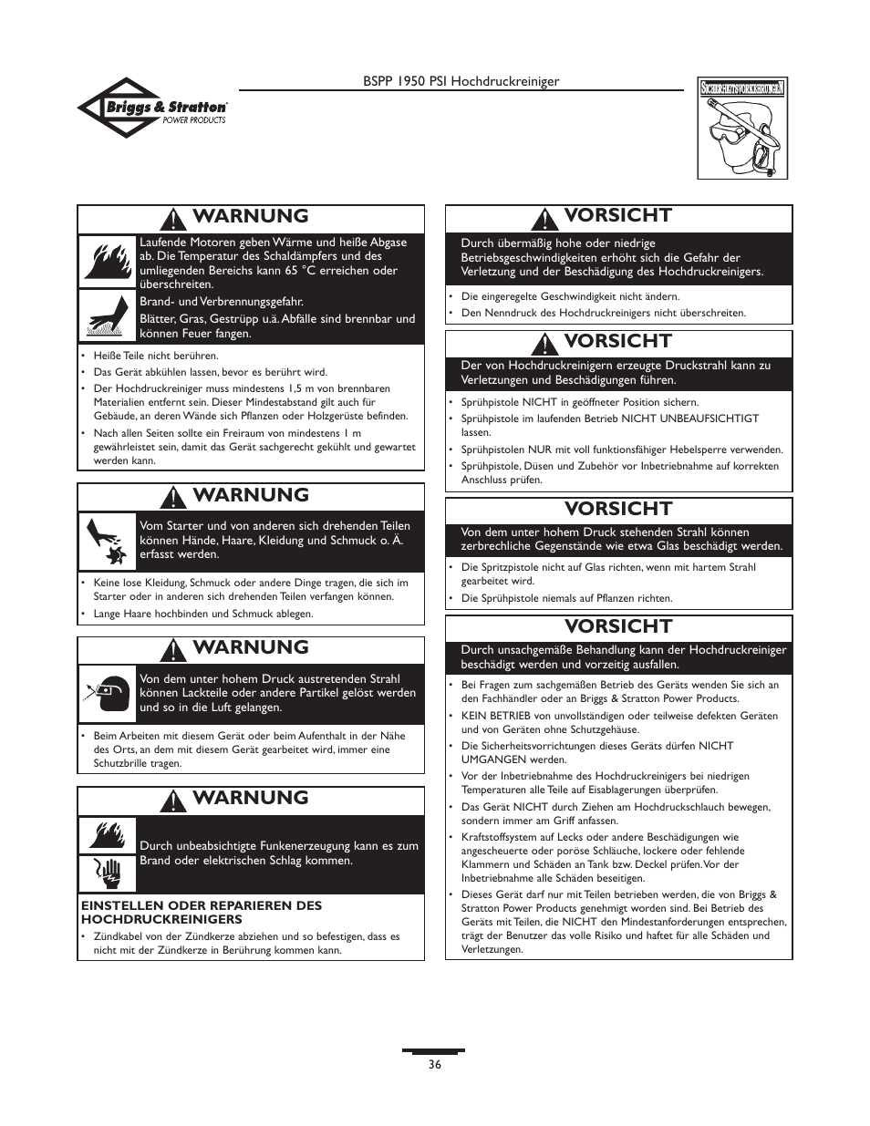 Vorsicht, Warnung | Briggs & Stratton 20222 User Manual | Page 36 / 80