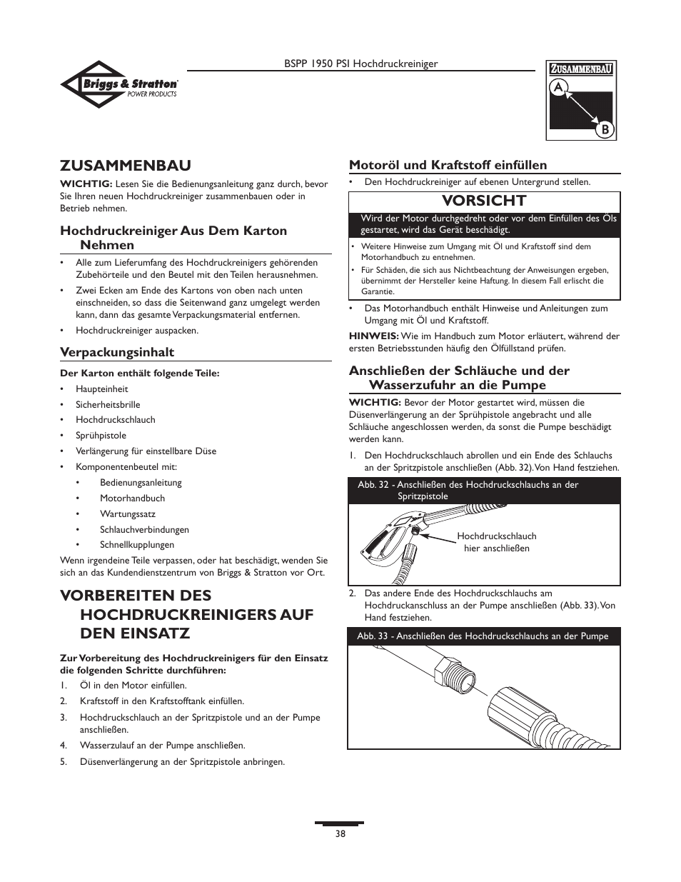Zusammenbau, Vorbereiten des hochdruckreinigers auf den einsatz, Vorsicht | Briggs & Stratton 20222 User Manual | Page 38 / 80