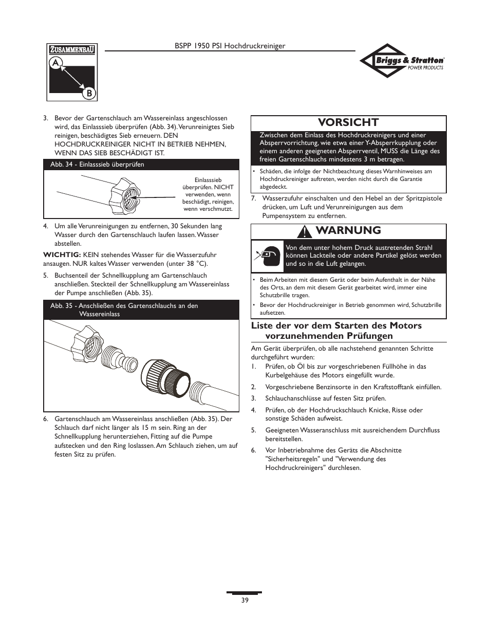 Vorsicht, Warnung | Briggs & Stratton 20222 User Manual | Page 39 / 80