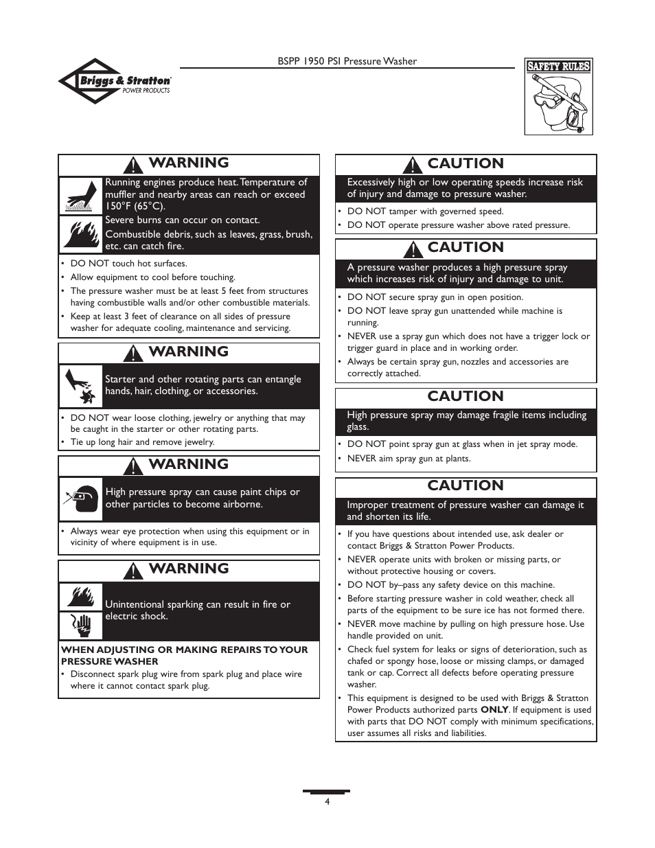 Caution, Warning | Briggs & Stratton 20222 User Manual | Page 4 / 80