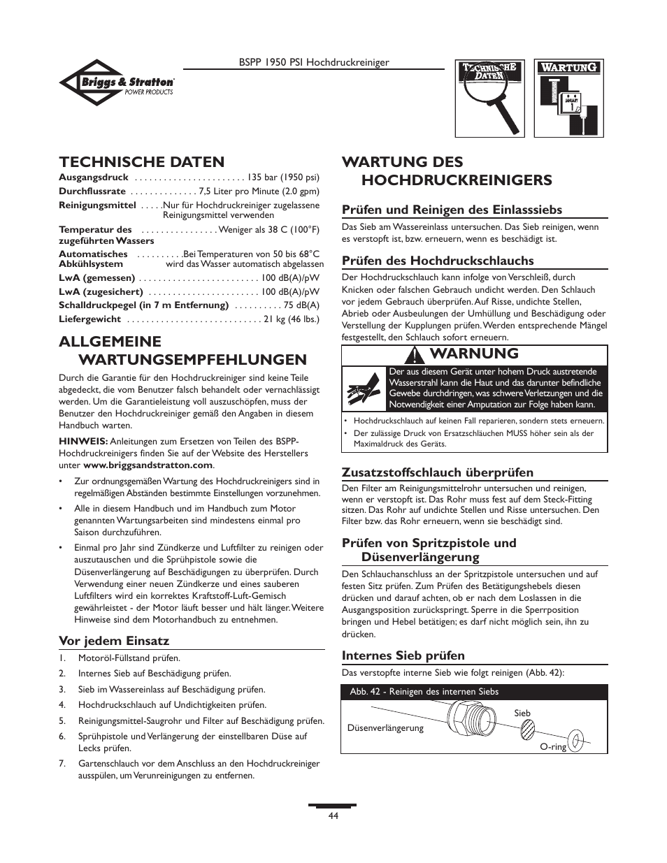 Technische daten, Allgemeine wartungsempfehlungen, Wartung des hochdruckreinigers | Warnung | Briggs & Stratton 20222 User Manual | Page 44 / 80