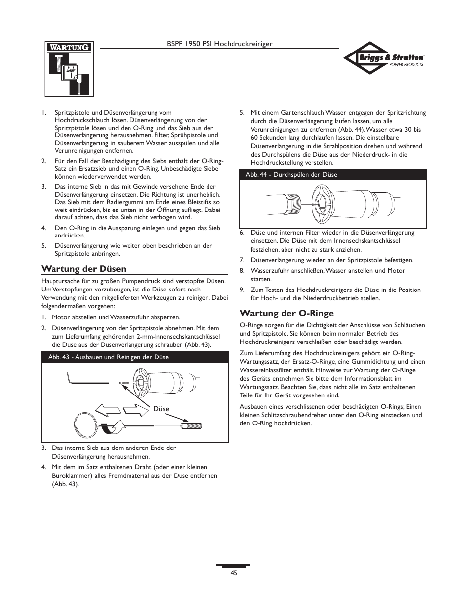 Wartung der düsen, Wartung der o-ringe | Briggs & Stratton 20222 User Manual | Page 45 / 80