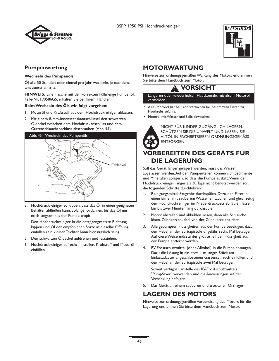 Motorwartung, Vorbereiten des geräts für die lagerung, Lagern des motors | Vorsicht | Briggs & Stratton 20222 User Manual | Page 46 / 80