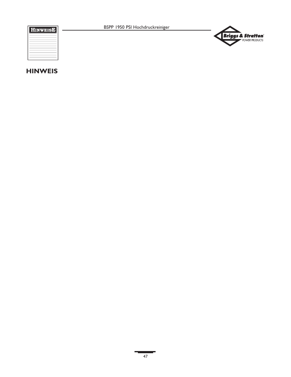 Hinweis | Briggs & Stratton 20222 User Manual | Page 47 / 80