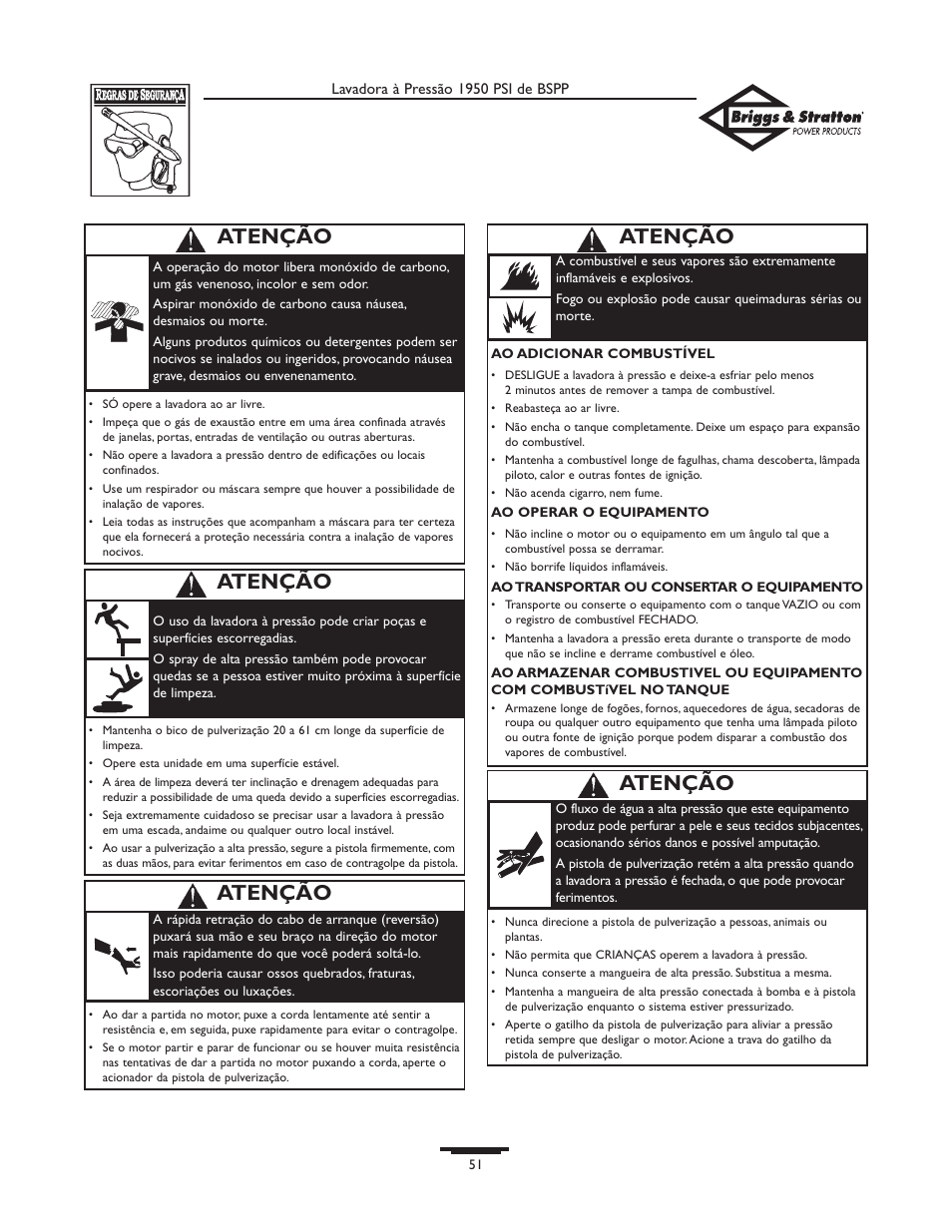 Atenção | Briggs & Stratton 20222 User Manual | Page 51 / 80