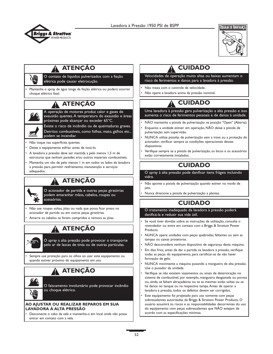 Atenção, Cuidado | Briggs & Stratton 20222 User Manual | Page 52 / 80