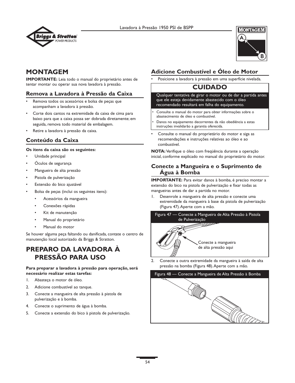 Montagem, Preparo da lavadora à pressão para uso, Cuidado | Briggs & Stratton 20222 User Manual | Page 54 / 80