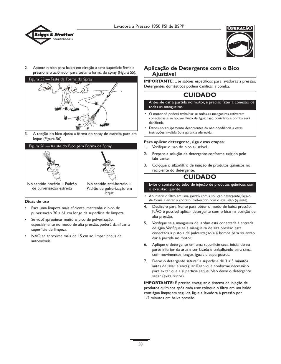 Cuidado, Aplicação de detergente com o bico ajustável | Briggs & Stratton 20222 User Manual | Page 58 / 80