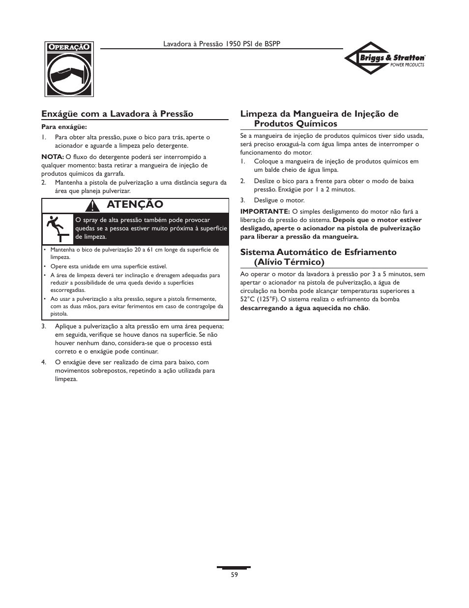 Atenção, Enxágüe com a lavadora à pressão, Sistema automático de esfriamento (alívio térmico) | Briggs & Stratton 20222 User Manual | Page 59 / 80