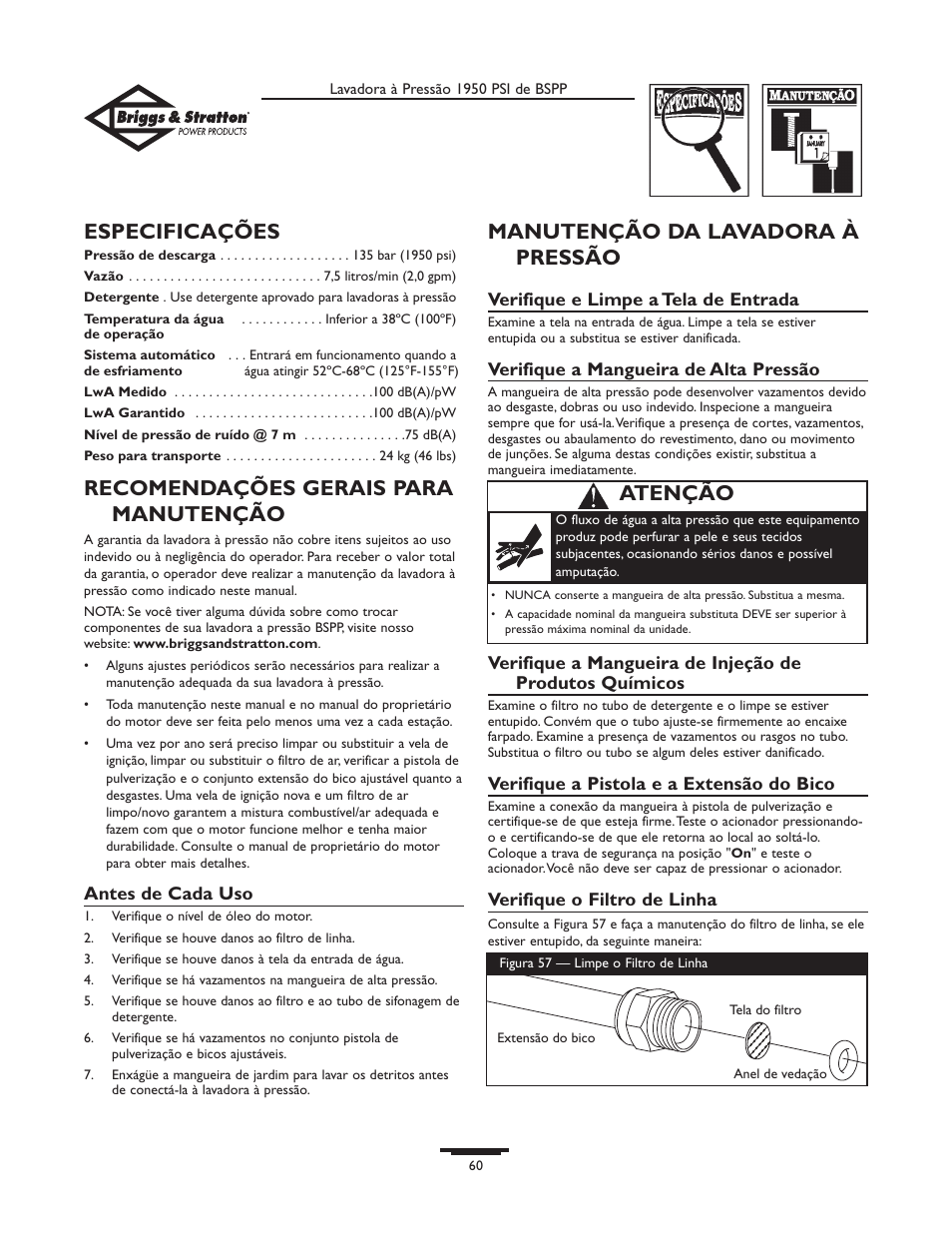 Especificações, Recomendações gerais para manutenção, Manutenção da lavadora à pressão | Atenção | Briggs & Stratton 20222 User Manual | Page 60 / 80