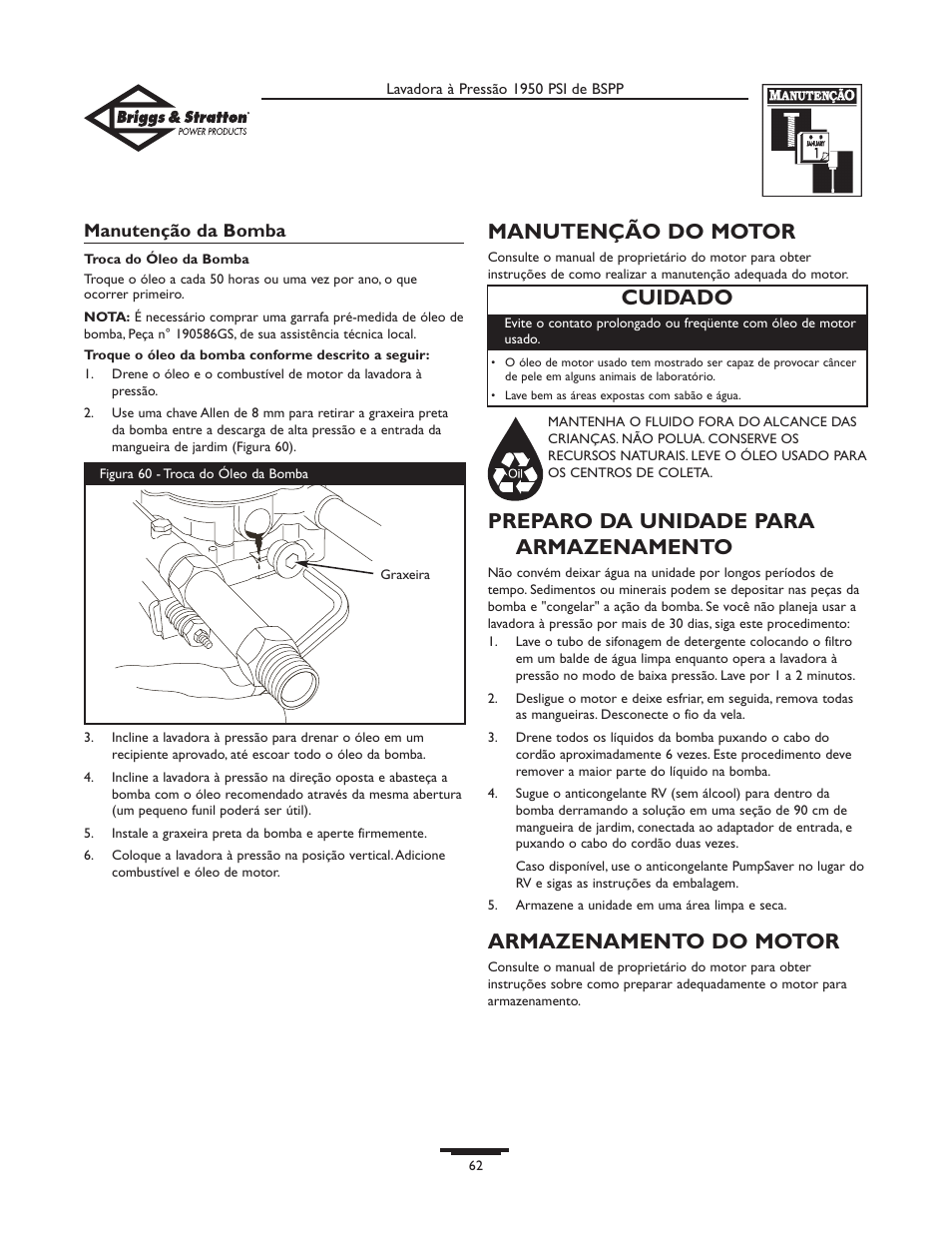 Manutenção do motor, Preparo da unidade para armazenamento, Armazenamento do motor | Cuidado | Briggs & Stratton 20222 User Manual | Page 62 / 80