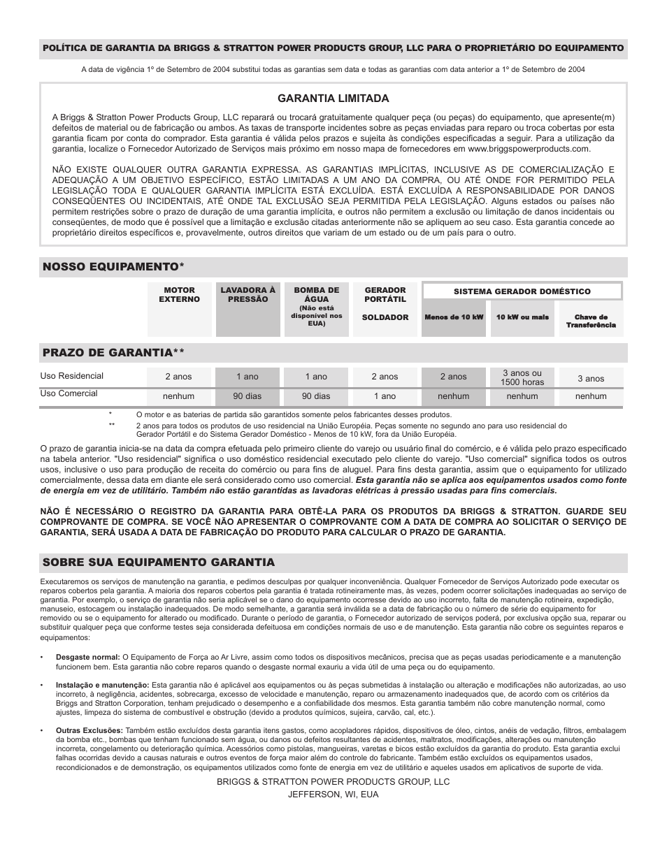 Garantia limitada, Nosso equipamento, Prazo de garantia | Sobre sua equipamento garantia | Briggs & Stratton 20222 User Manual | Page 65 / 80