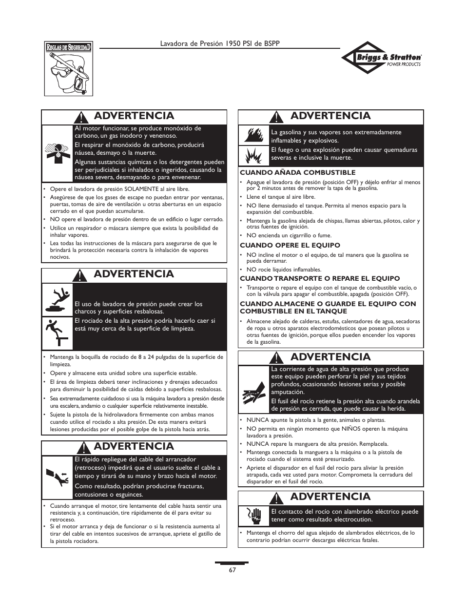 Advertencia | Briggs & Stratton 20222 User Manual | Page 67 / 80