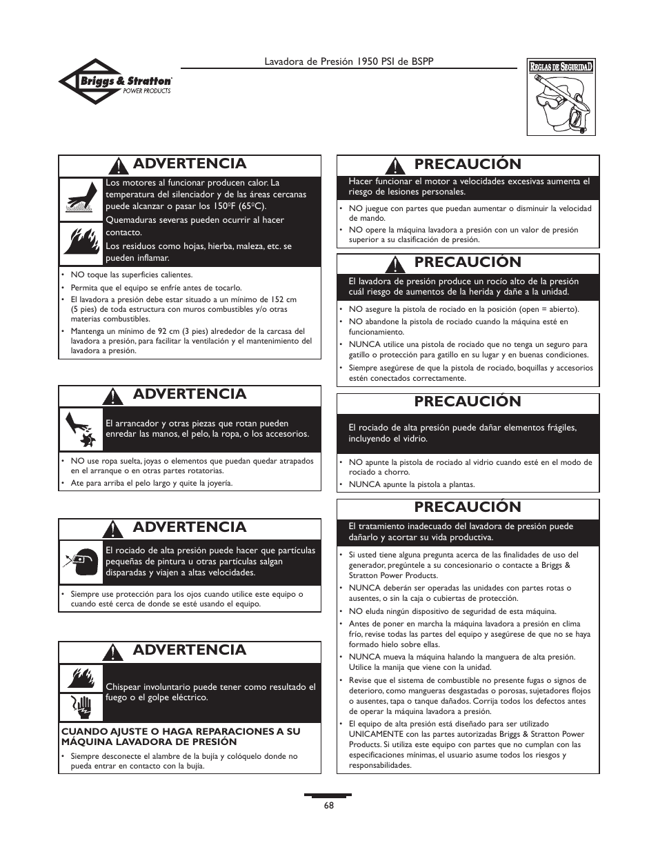 Precaución, Advertencia | Briggs & Stratton 20222 User Manual | Page 68 / 80