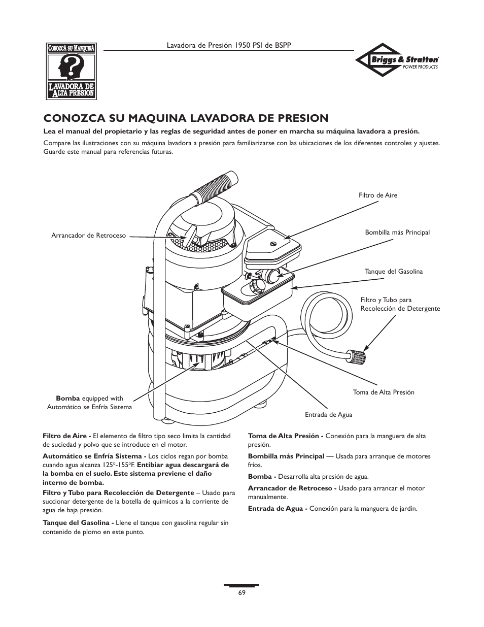 Conozca su maquina lavadora de presion | Briggs & Stratton 20222 User Manual | Page 69 / 80