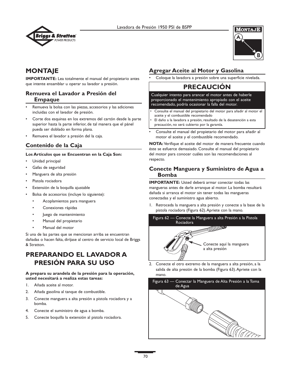 Montaje, Preparando el lavador a presión para su uso, Precaución | Briggs & Stratton 20222 User Manual | Page 70 / 80