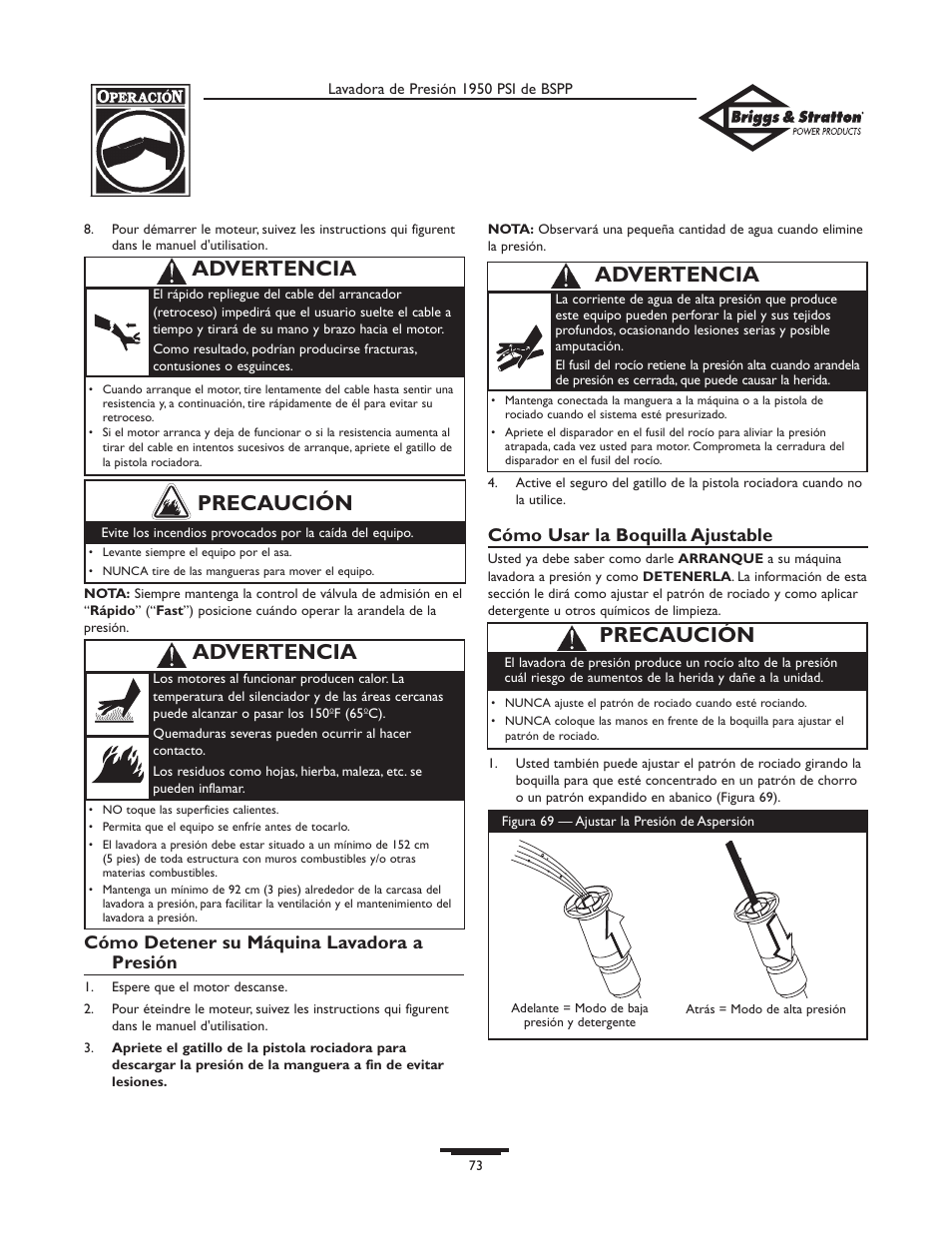 Precaución, Advertencia, Cómo detener su máquina lavadora a presión | Cómo usar la boquilla ajustable | Briggs & Stratton 20222 User Manual | Page 73 / 80