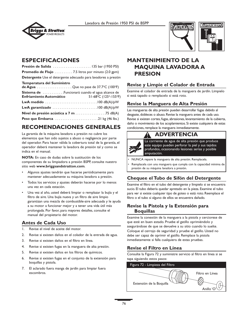 Especificaciones, Recomendaciones generales, Mantenimiento de la maquina lavadora a presion | Advertencia | Briggs & Stratton 20222 User Manual | Page 76 / 80