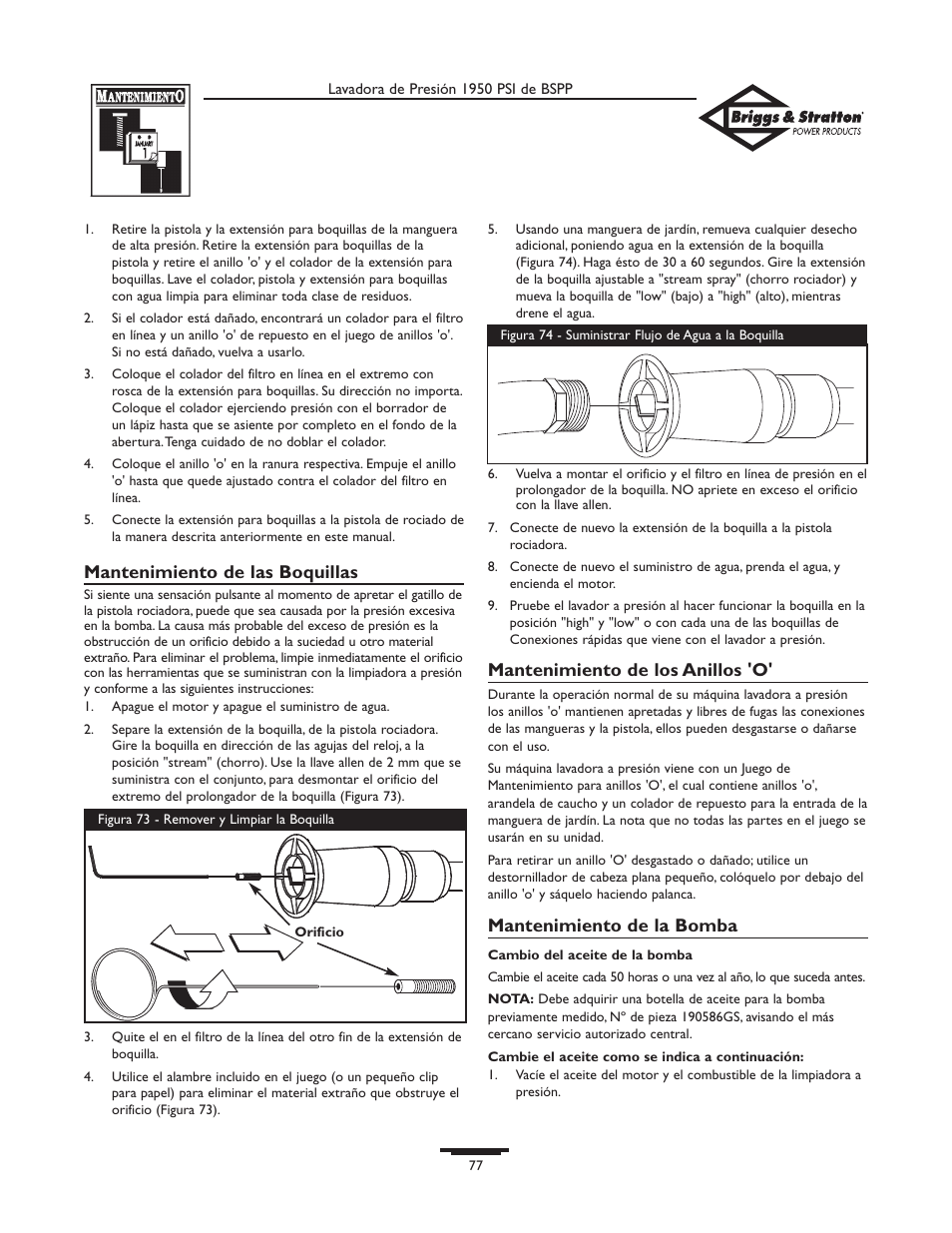 Mantenimiento de las boquillas, Mantenimiento de los anillos 'o, Mantenimiento de la bomba | Briggs & Stratton 20222 User Manual | Page 77 / 80