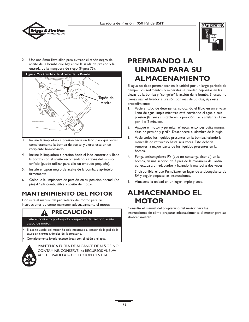 Preparando la unidad para su almacenamiento, Almacenando el motor, Mantenimiento del motor | Precaución | Briggs & Stratton 20222 User Manual | Page 78 / 80