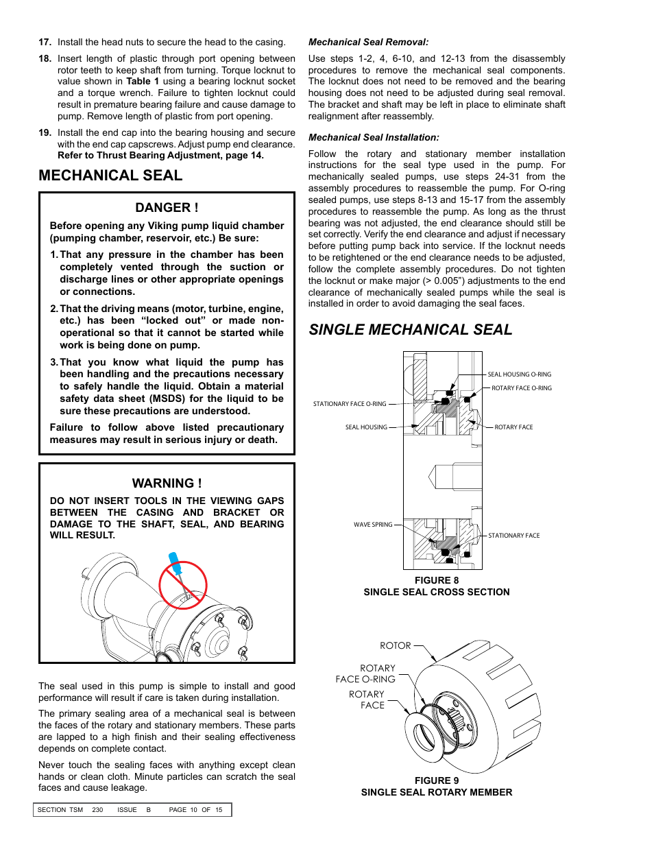 Mechanical seal, Single mechanical seal, Danger | Warning | Viking Pump TSM230: Hygienic Series User Manual | Page 10 / 15