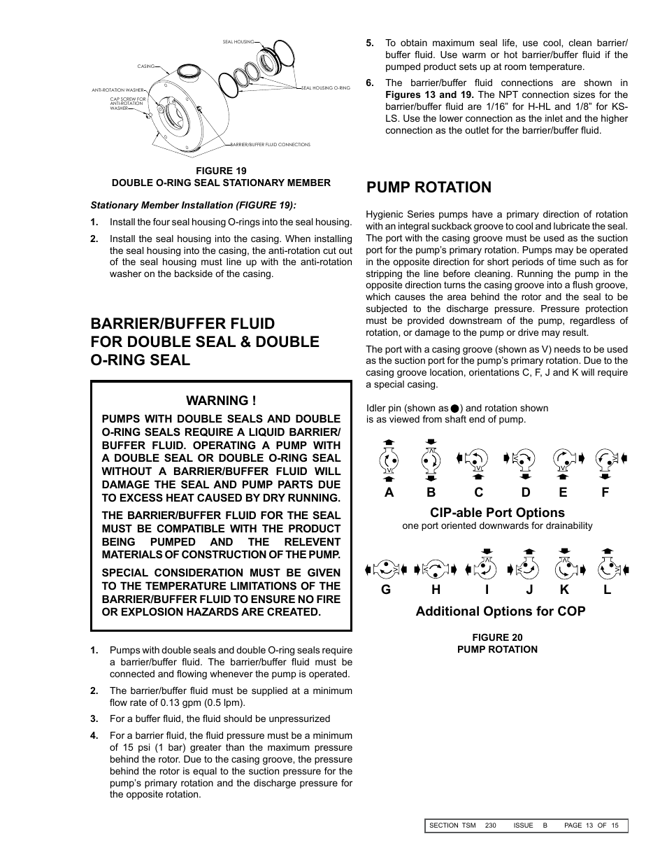 Pump rotation, Warning, Cip-able port options | Additional options for cop | Viking Pump TSM230: Hygienic Series User Manual | Page 13 / 15