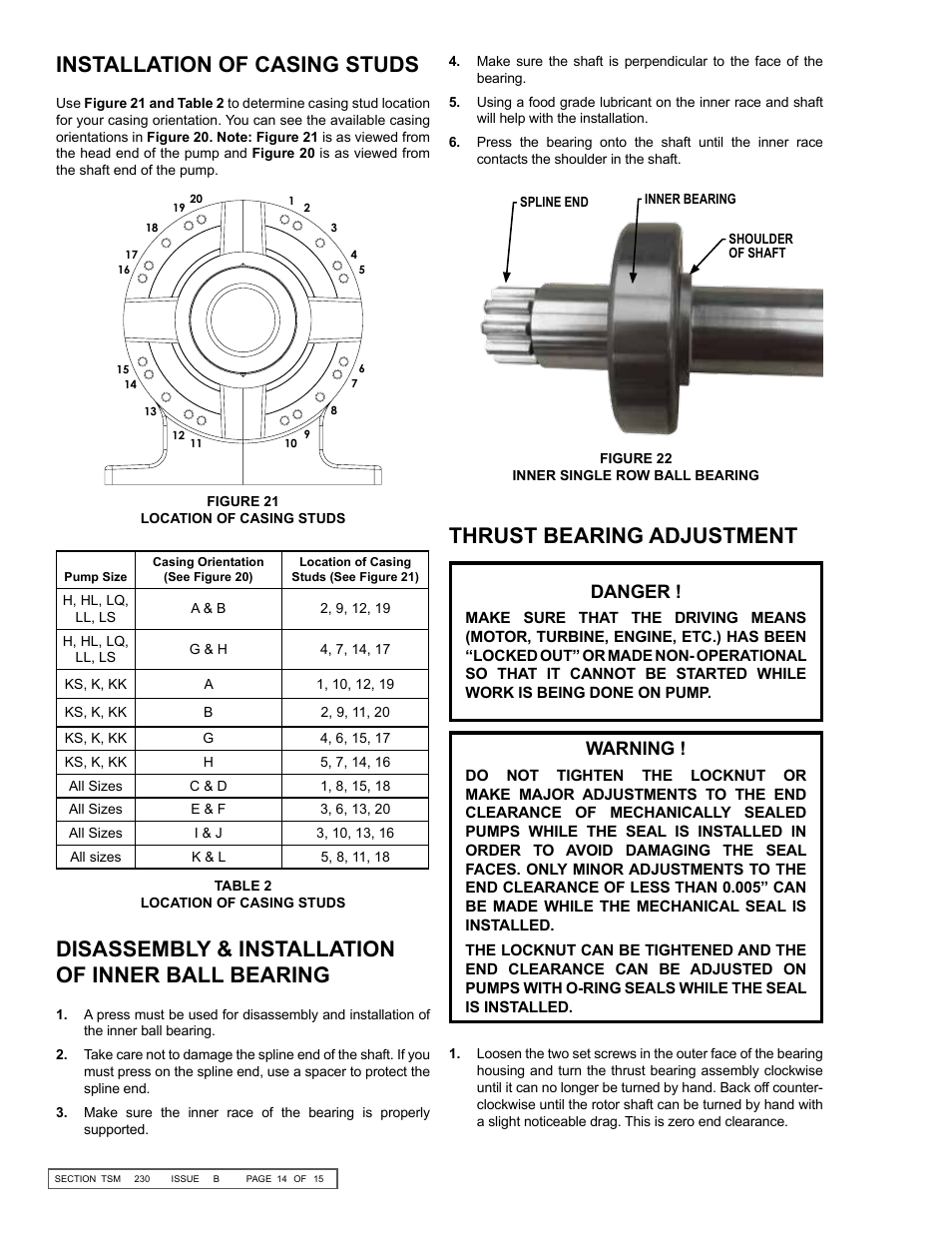 Thrust bearing adjustment, Danger, Warning | Viking Pump TSM230: Hygienic Series User Manual | Page 14 / 15