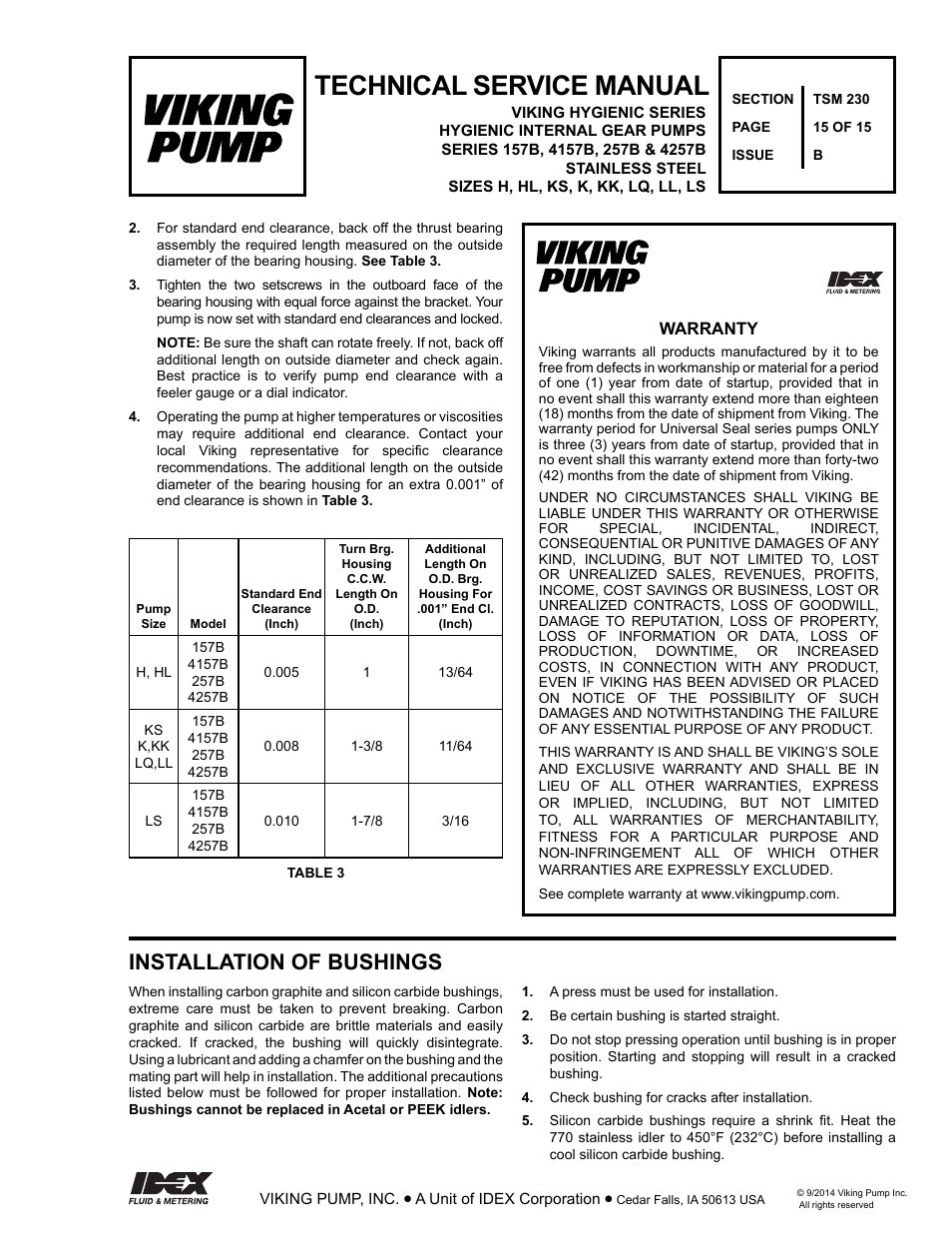 Technical service manual, Installation of bushings | Viking Pump TSM230: Hygienic Series User Manual | Page 15 / 15