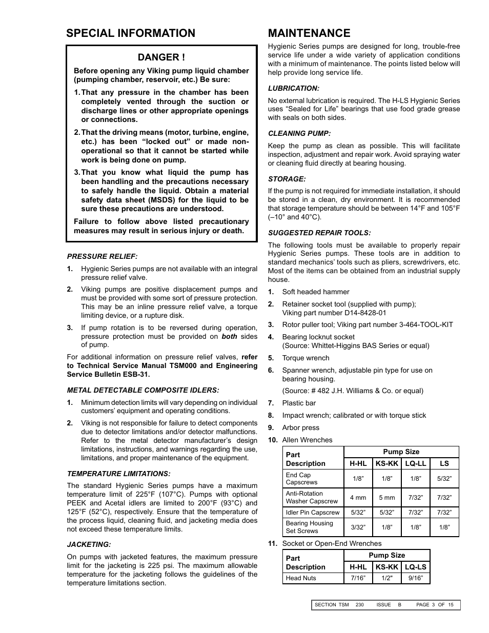 Special information, Maintenance, Danger | Viking Pump TSM230: Hygienic Series User Manual | Page 3 / 15