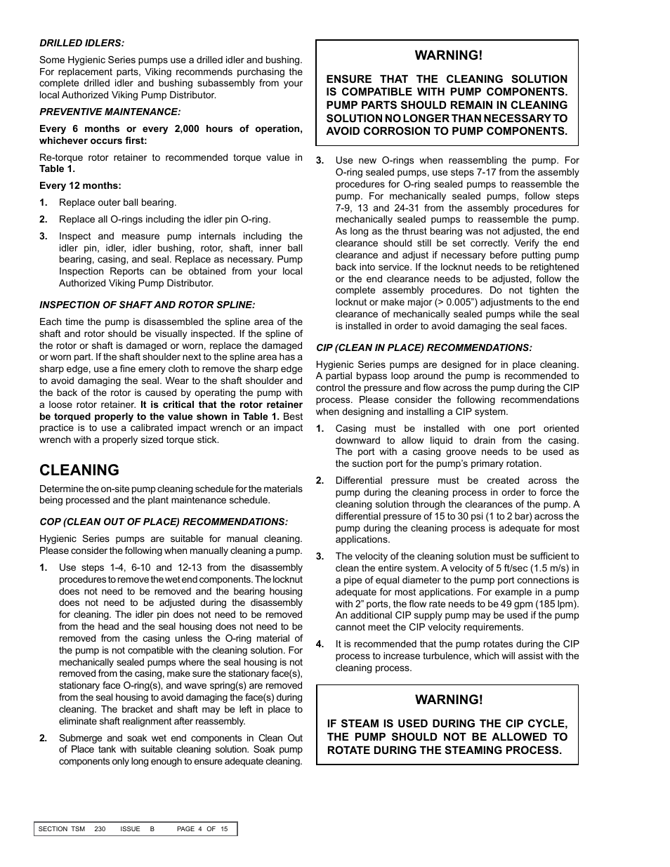 Cleaning, Warning | Viking Pump TSM230: Hygienic Series User Manual | Page 4 / 15