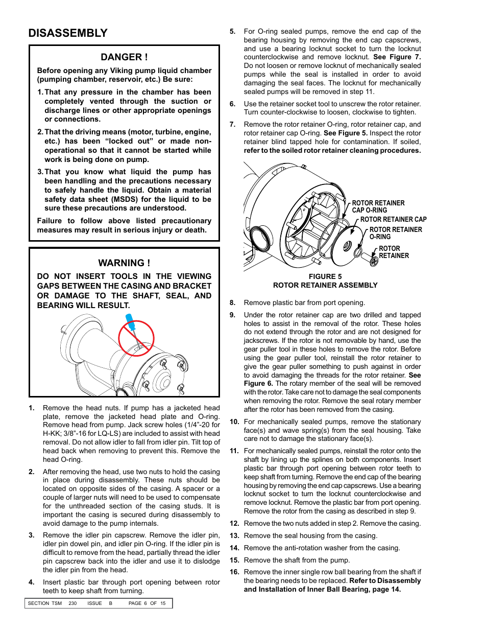 Disassembly, Warning, Danger | Viking Pump TSM230: Hygienic Series User Manual | Page 6 / 15