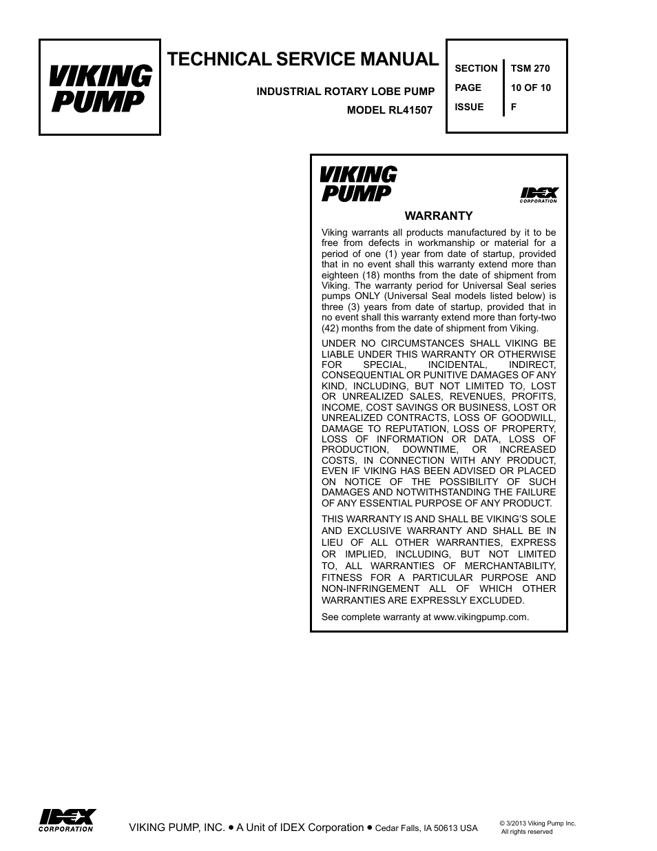 Technical service manual | Viking Pump TSM270: RL41507 Industrial Rotary Lobe User Manual | Page 10 / 10