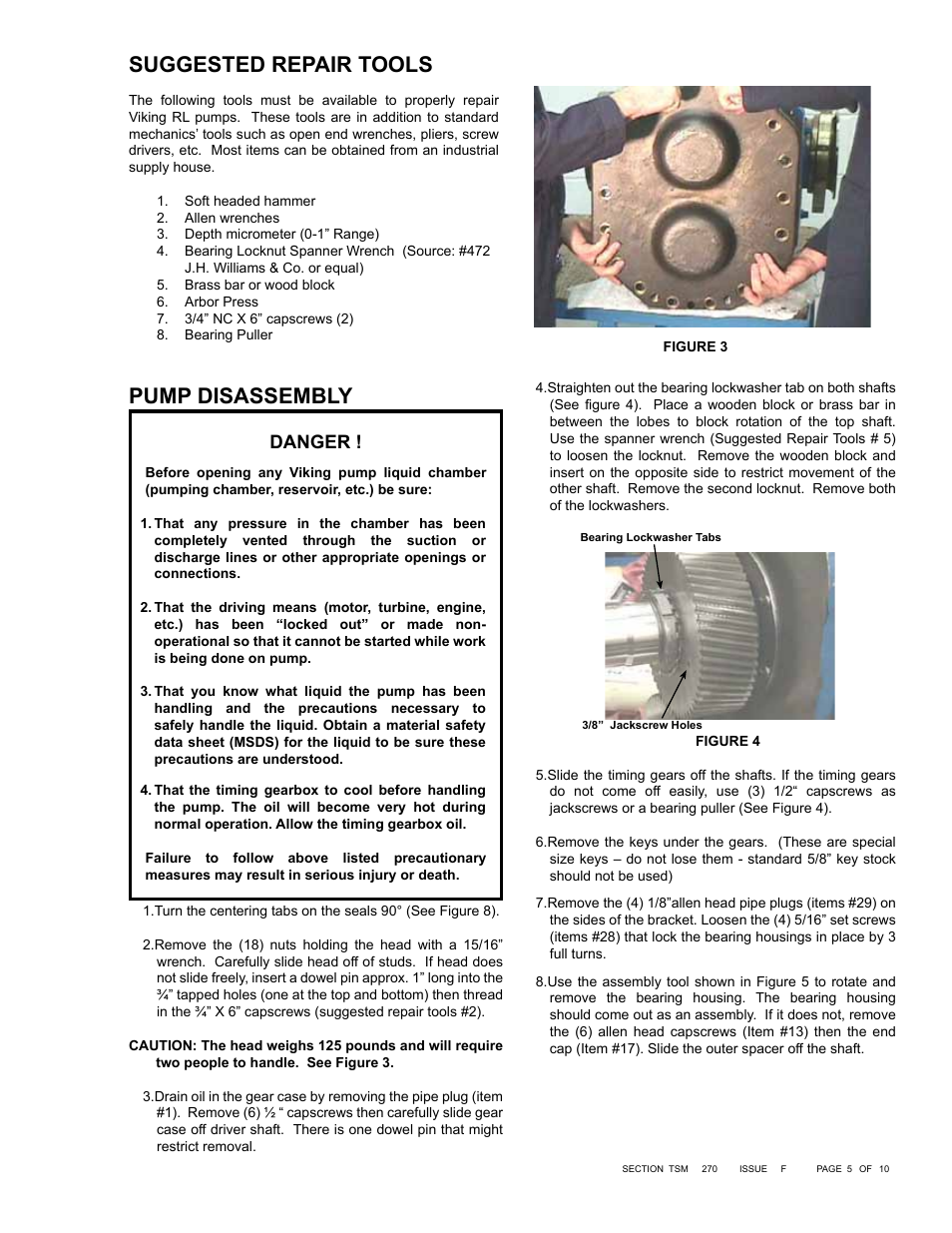 Suggested repair tools, Pump disassembly, Danger | Viking Pump TSM270: RL41507 Industrial Rotary Lobe User Manual | Page 5 / 10