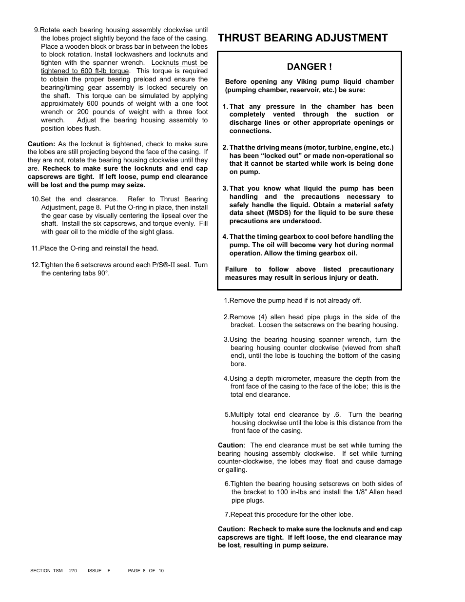 Thrust bearing adjustment, Danger | Viking Pump TSM270: RL41507 Industrial Rotary Lobe User Manual | Page 8 / 10