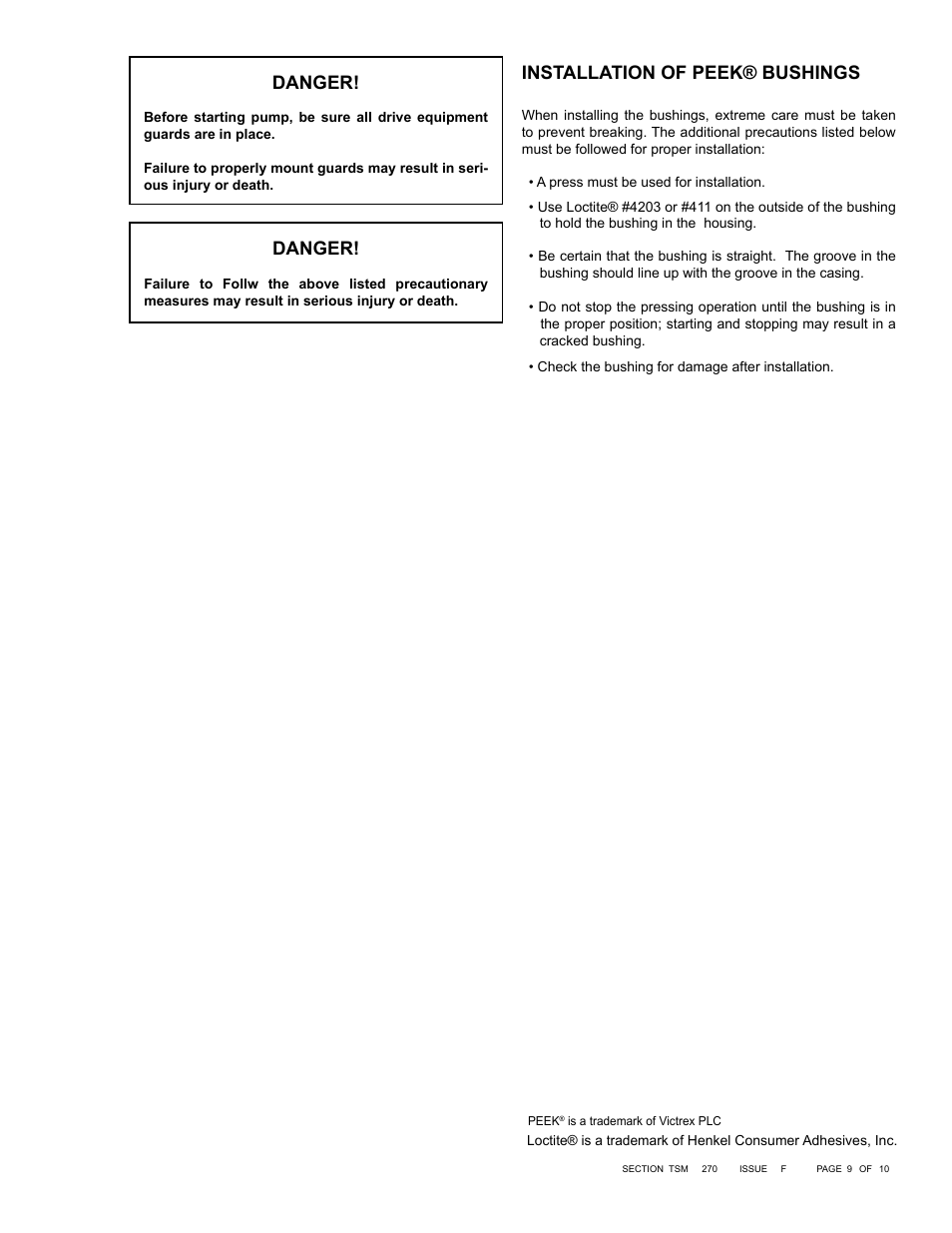 Installation of peek® bushings, Danger | Viking Pump TSM270: RL41507 Industrial Rotary Lobe User Manual | Page 9 / 10