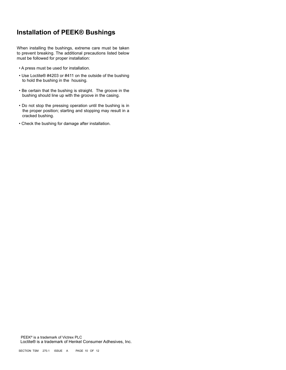 Technical service manual, Installation of peek® bushings | Viking Pump TSM270.1: RL 16 and 25 Standard User Manual | Page 10 / 12