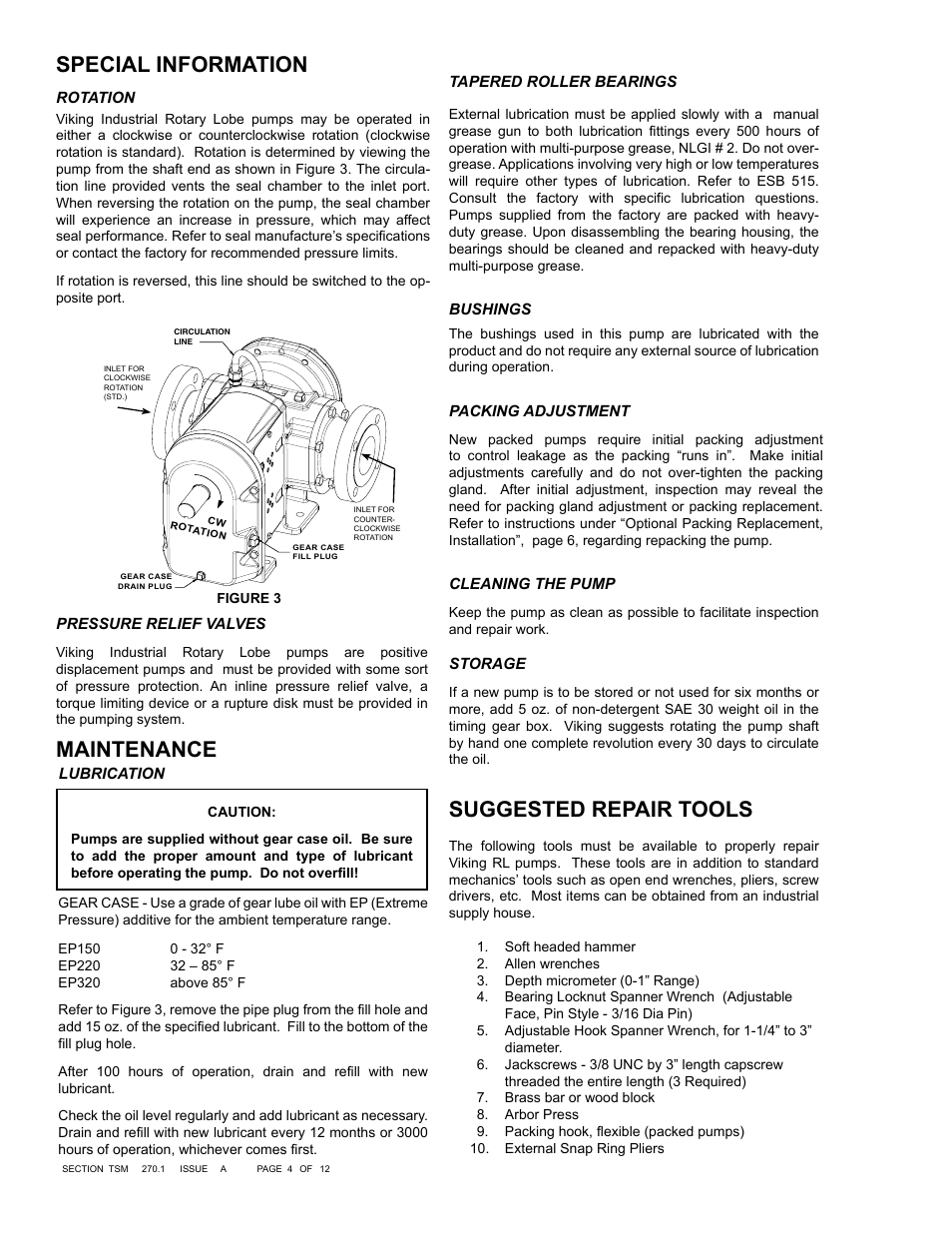 Suggested repair tools, Maintenance, Special information | Viking Pump TSM270.1: RL 16 and 25 Standard User Manual | Page 4 / 12