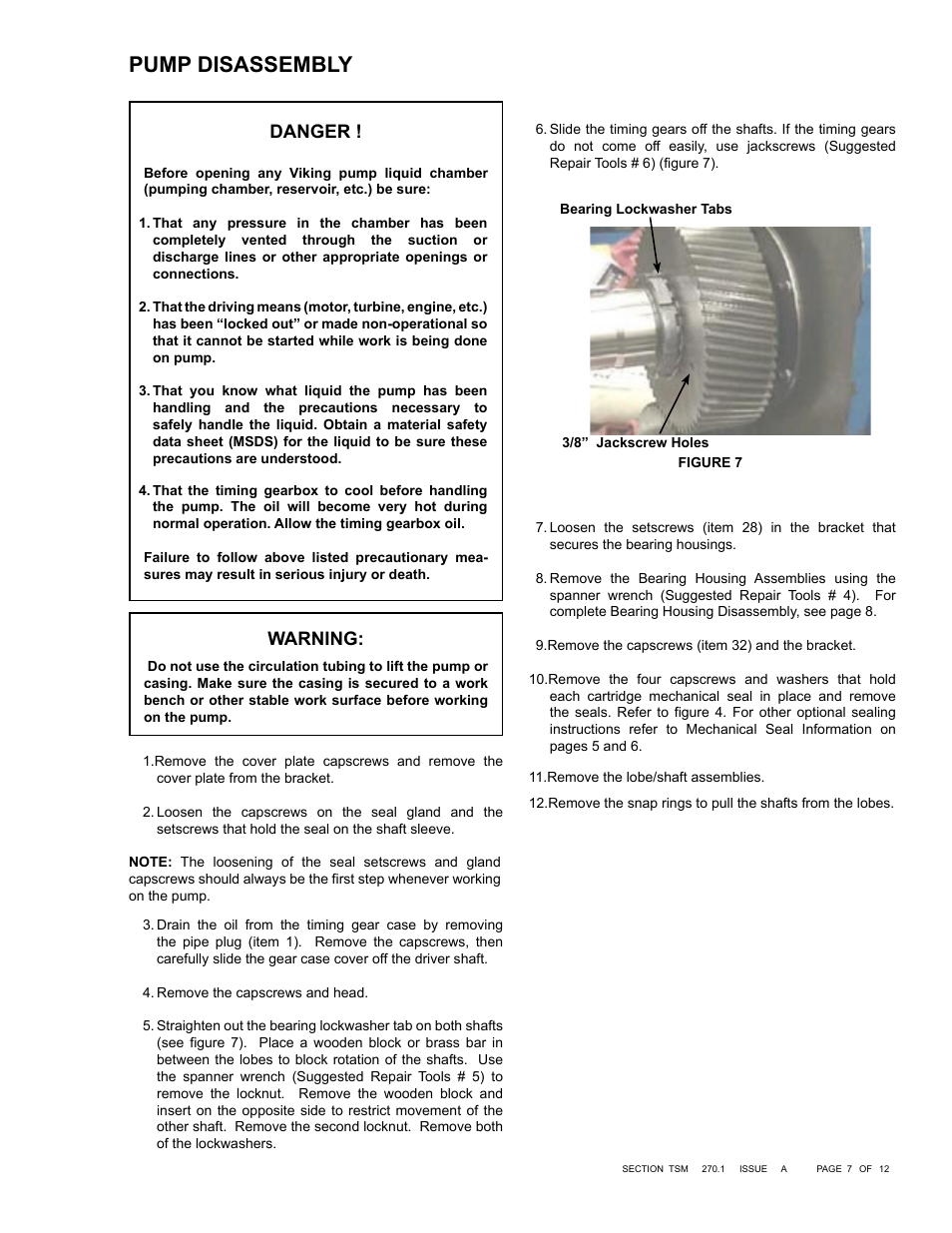 Pump disassembly, Warning, Danger | Viking Pump TSM270.1: RL 16 and 25 Standard User Manual | Page 7 / 12