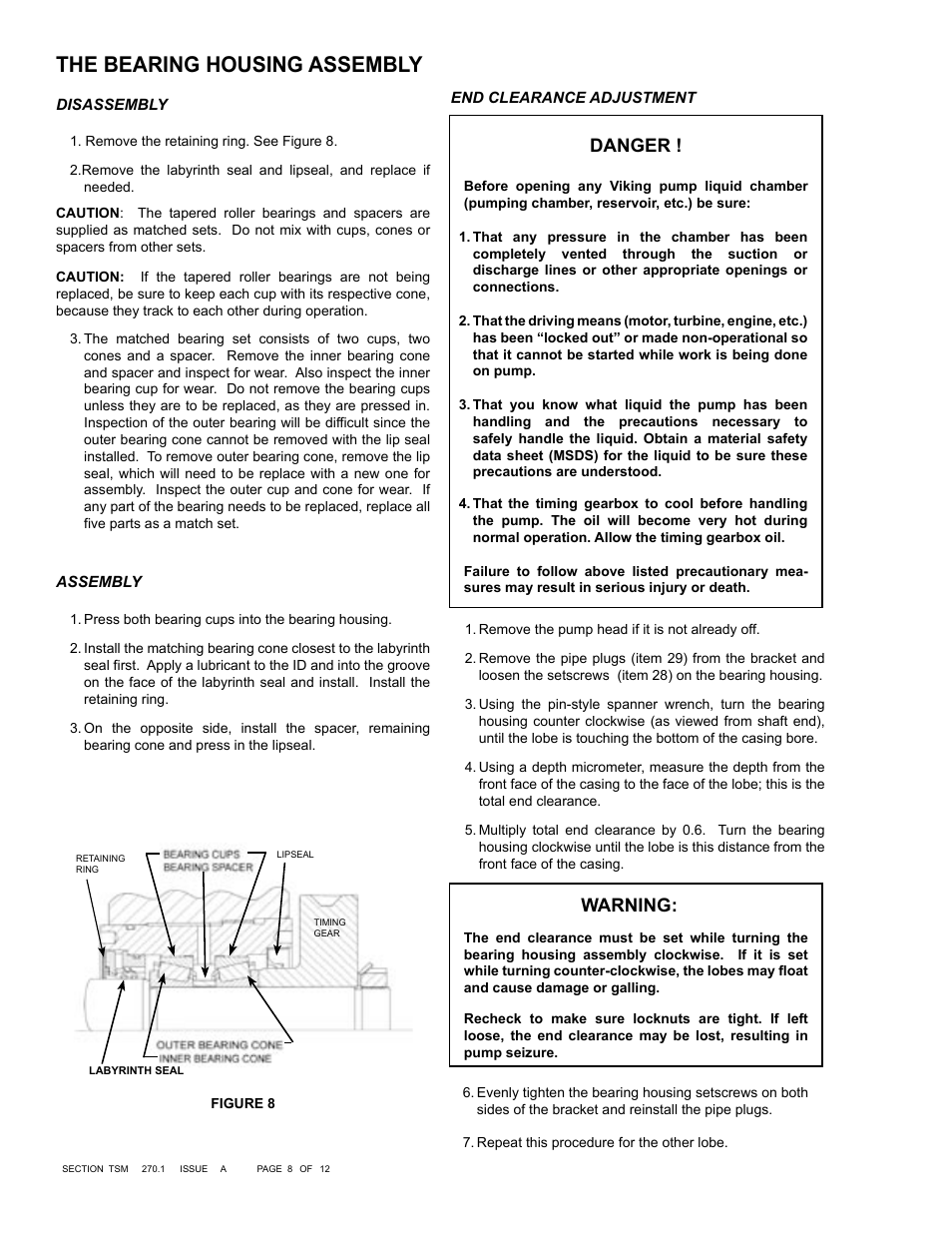 The bearing housing assembly, Warning, Danger | Viking Pump TSM270.1: RL 16 and 25 Standard User Manual | Page 8 / 12