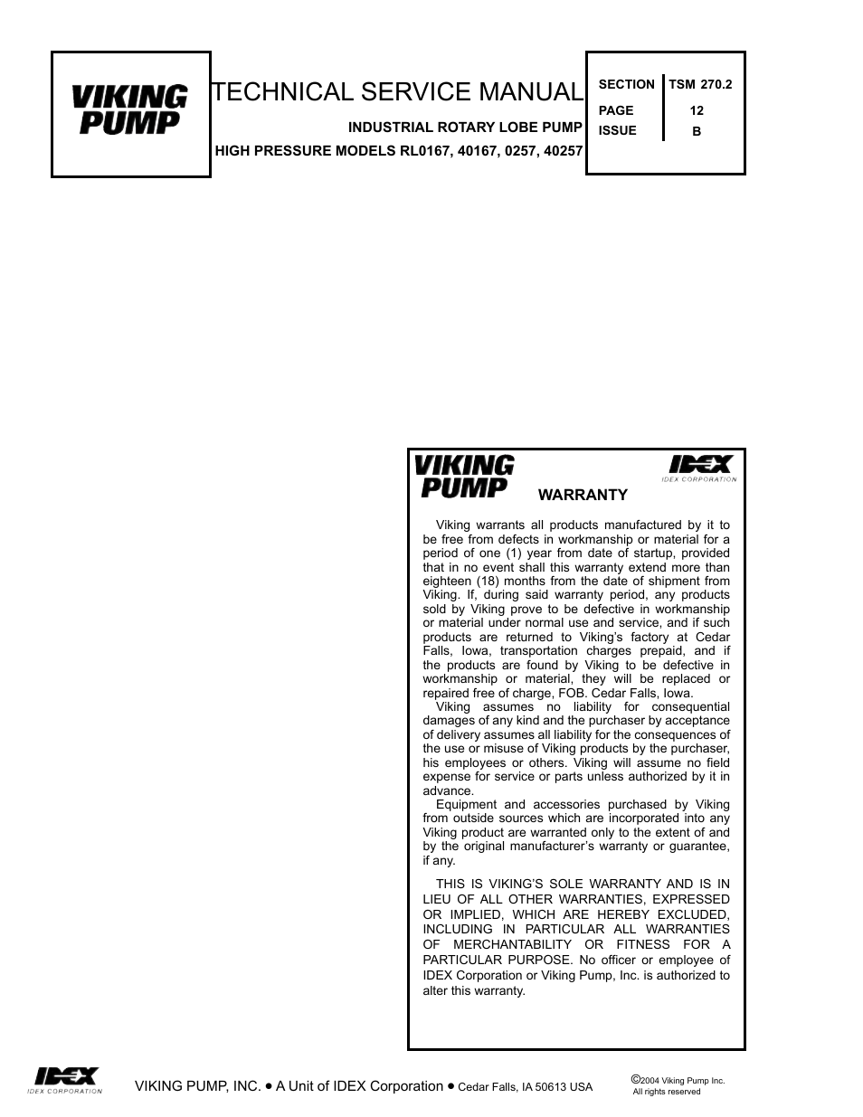 Technical service manual | Viking Pump TSM270.2: RL 16 and 25 High Pressure User Manual | Page 12 / 12