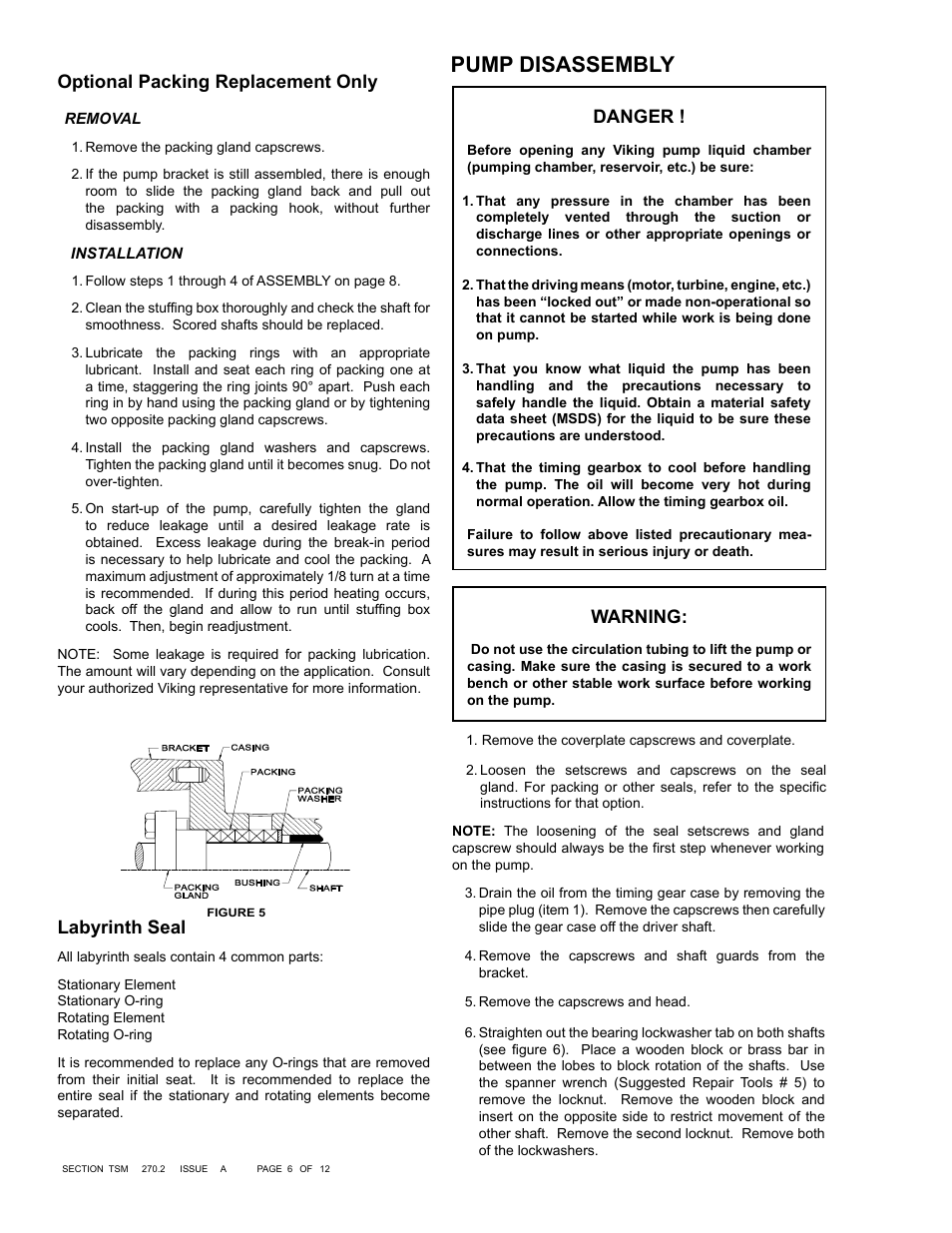 Pump disassembly, Optional packing replacement only, Labyrinth seal | Warning, Danger | Viking Pump TSM270.2: RL 16 and 25 High Pressure User Manual | Page 6 / 12