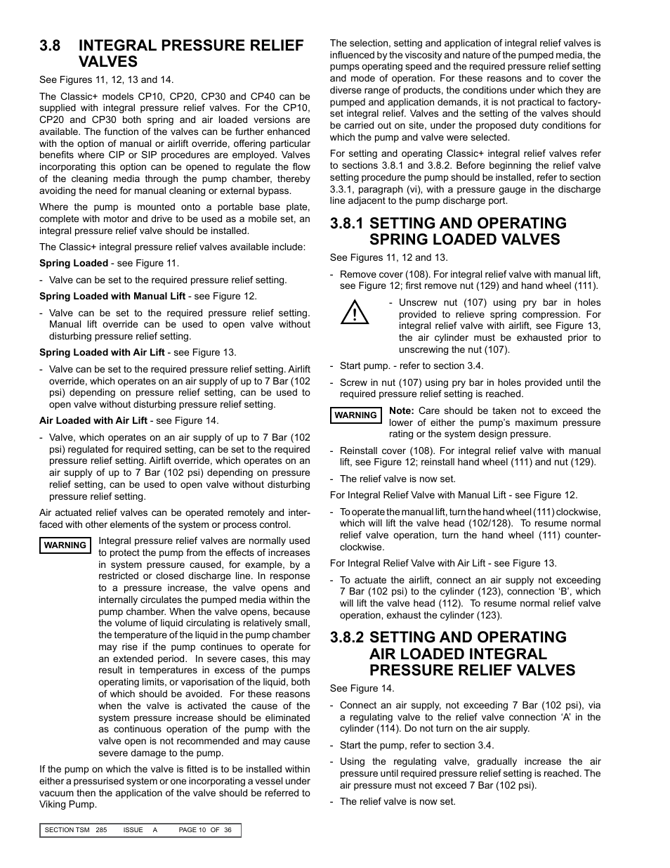 1 setting and operating spring loaded valves, 8 integral pressure relief valves | Viking Pump TSM285: Classic+ Lobe Pump User Manual | Page 10 / 36