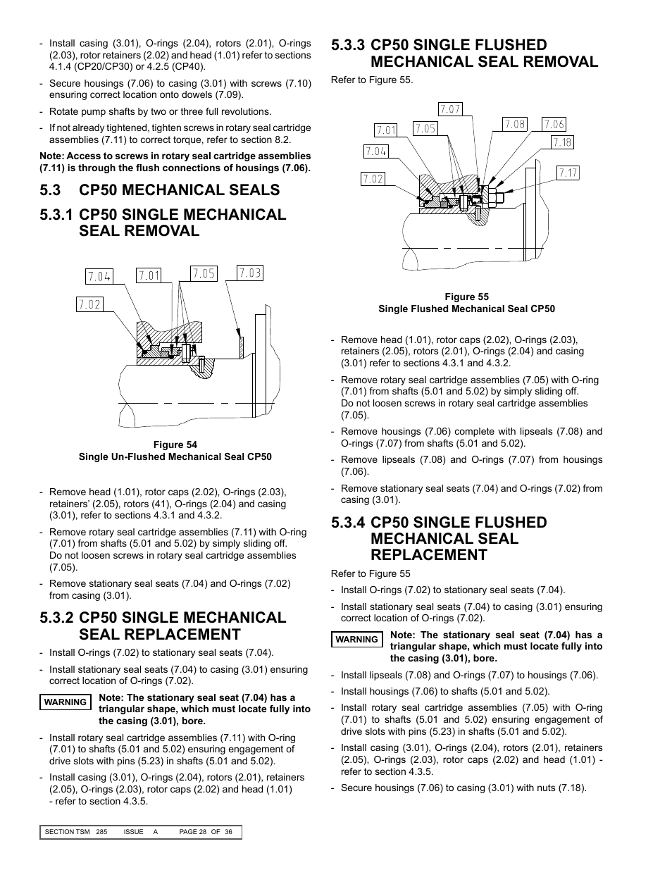 4 cp50 single flushed mechanical seal replacement, 2 cp50 single mechanical seal replacement | Viking Pump TSM285: Classic+ Lobe Pump User Manual | Page 28 / 36