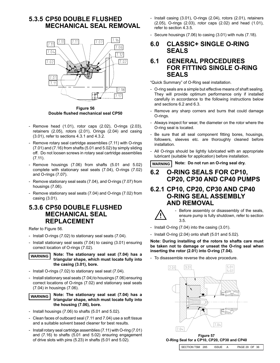 5 cp50 double flushed mechanical seal removal, 6 cp50 double flushed mechanical seal replacement | Viking Pump TSM285: Classic+ Lobe Pump User Manual | Page 29 / 36