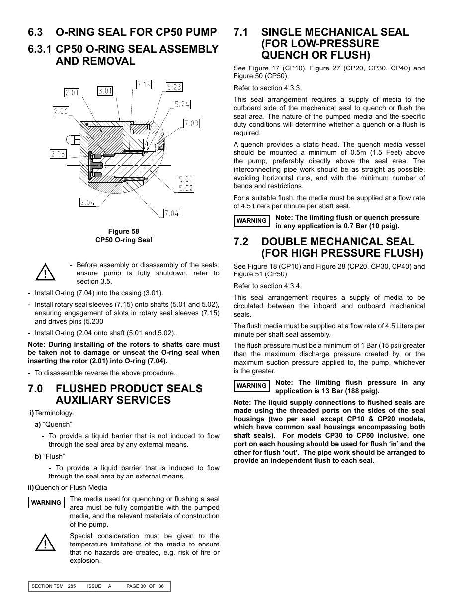 2 double mechanical seal (for high pressure flush), 0 flushed product seals auxiliary services | Viking Pump TSM285: Classic+ Lobe Pump User Manual | Page 30 / 36